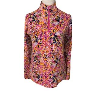 IBKUL Small Pink Orange Yellow Abstract Floral Quarter-Zip Long Sleeve Top